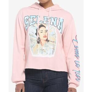 Selena Official NWT Women's Medium Como La Flor Pastel Pink Crop Graphic Hoodie